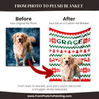 Before and after comparison of a Golden Retriever dog photo on a custom blanket with 'GRACE' text.