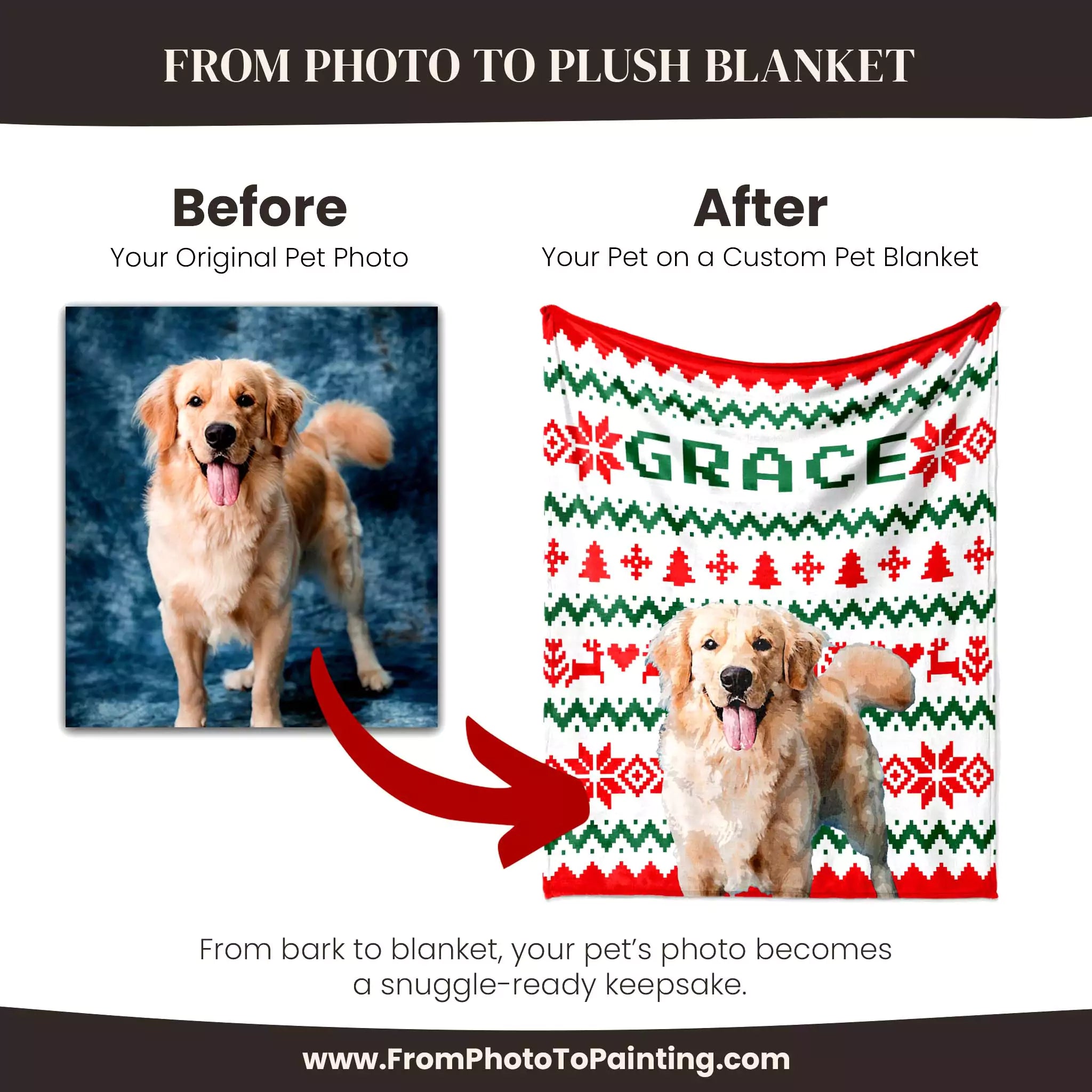 Before and after comparison of a Golden Retriever dog photo on a custom blanket with 'GRACE' text.
