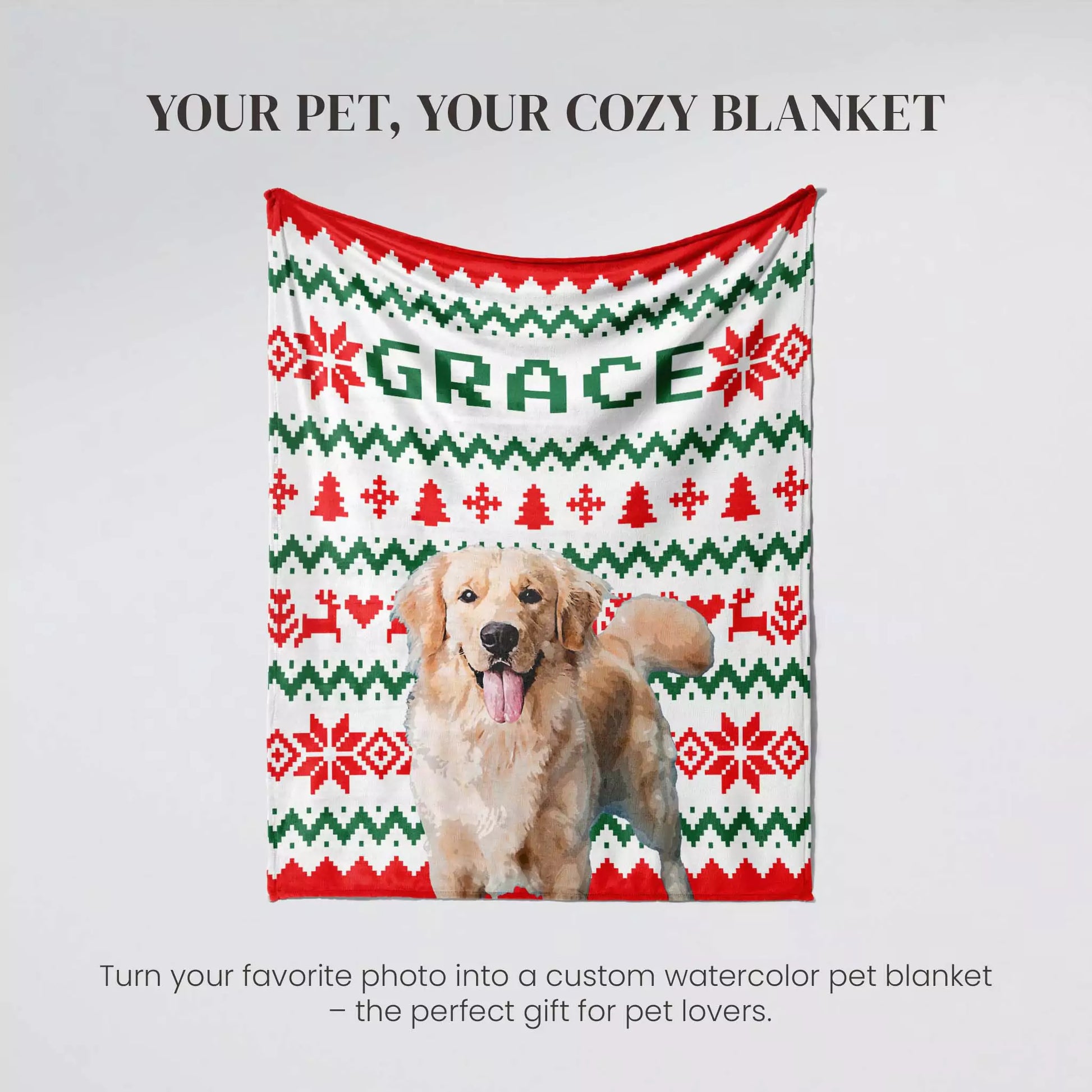 Ugly Sweater Christmas Custom Made Photo Blanket for Dog Golden Retriever - FromPhotoToPainting
