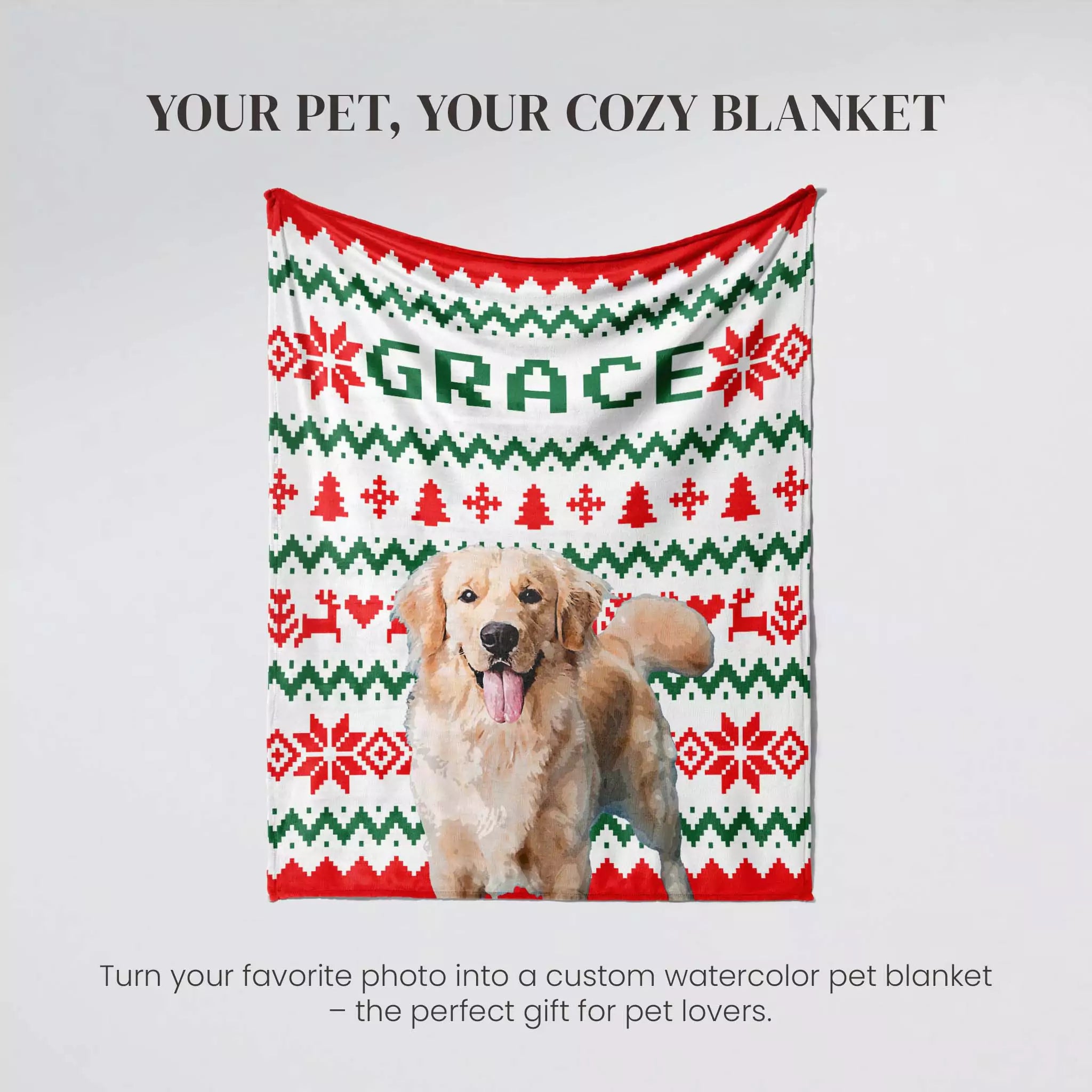 Golden Retriever Dog shown on an ugly sweater red and green patterned blanket with 'GRACE' printed on it.