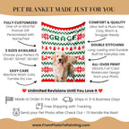 Golden Retriever dog blanket with a dog's photo and text, featuring customization options and product details.