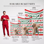 Golden Retriever dog blankets in various sizes with a person and dogs for scale on a white background