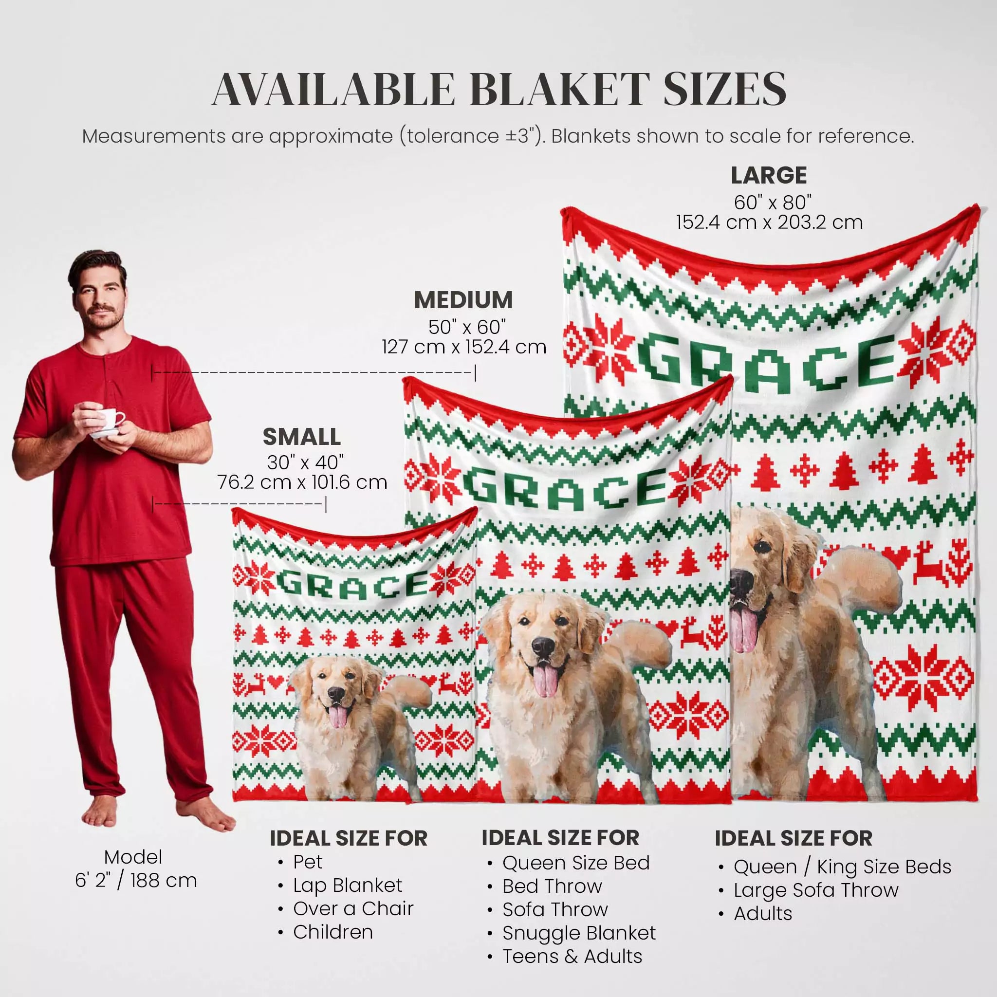 Golden Retriever dog blankets in various sizes with a person and dogs for scale on a white background