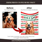 Before and after comparison of a dog photo on a custom pet blanket with 'DAISY' and festive pattern - ugly sweater Christmas.