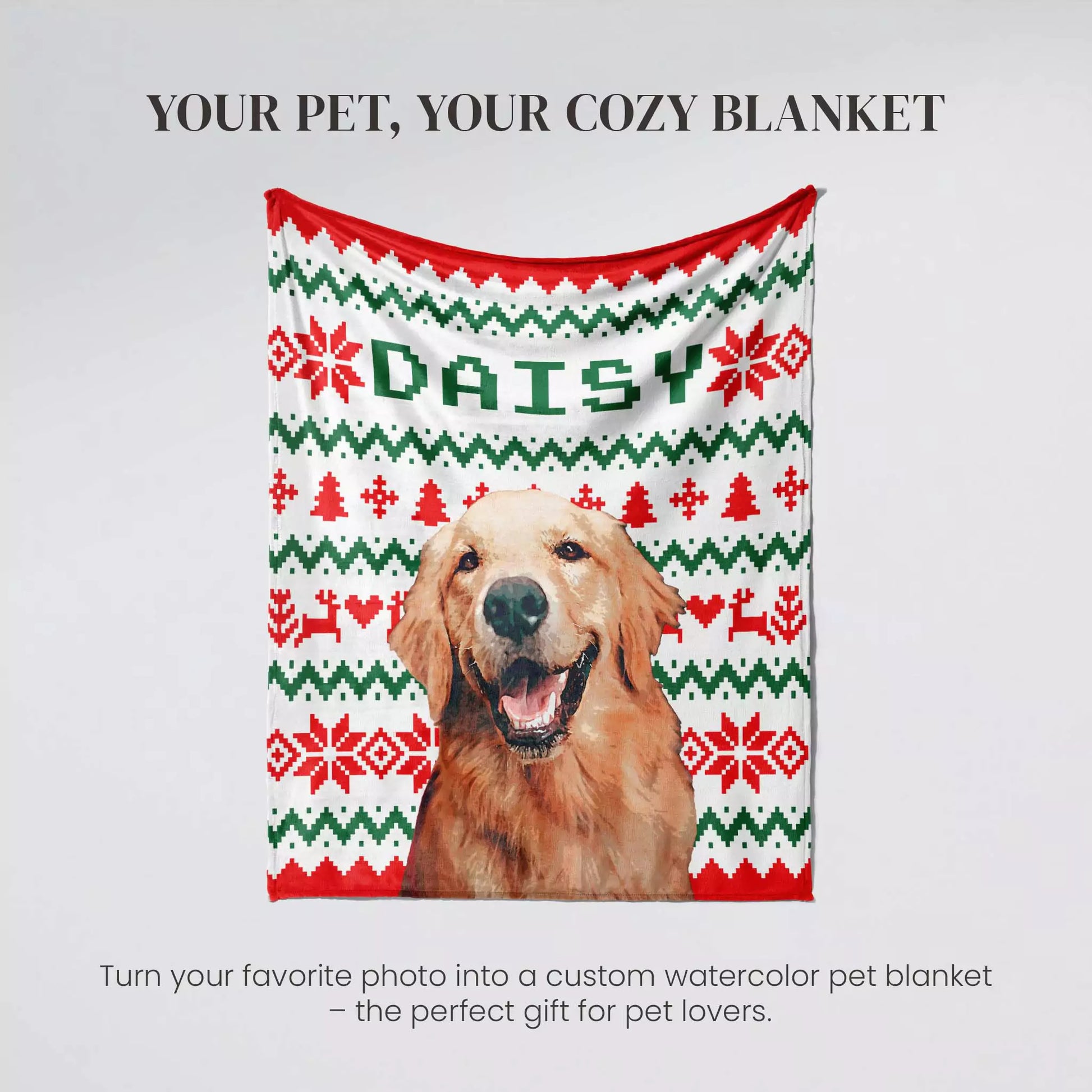 Ugly Sweater Christmas Custom Made Photo Blanket for Golden Retriever Dog - FromPhotoToPainting
