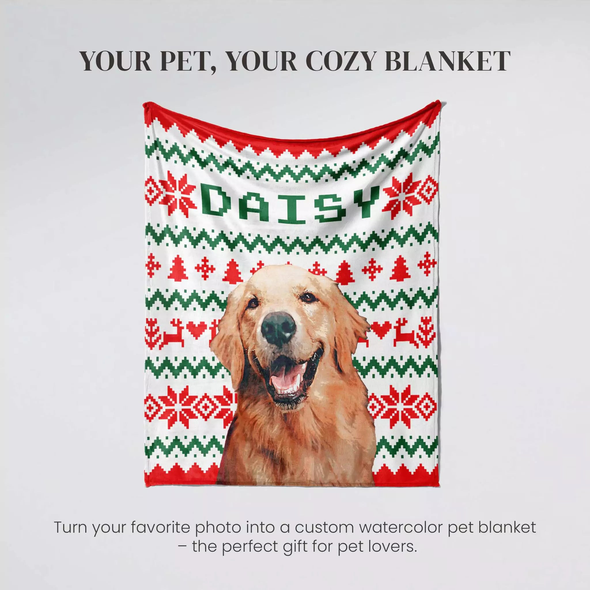 Golden Retriever dog on a custom watercolor blanket with 'Daisy' text, featuring ugly sweater red and green patterns.