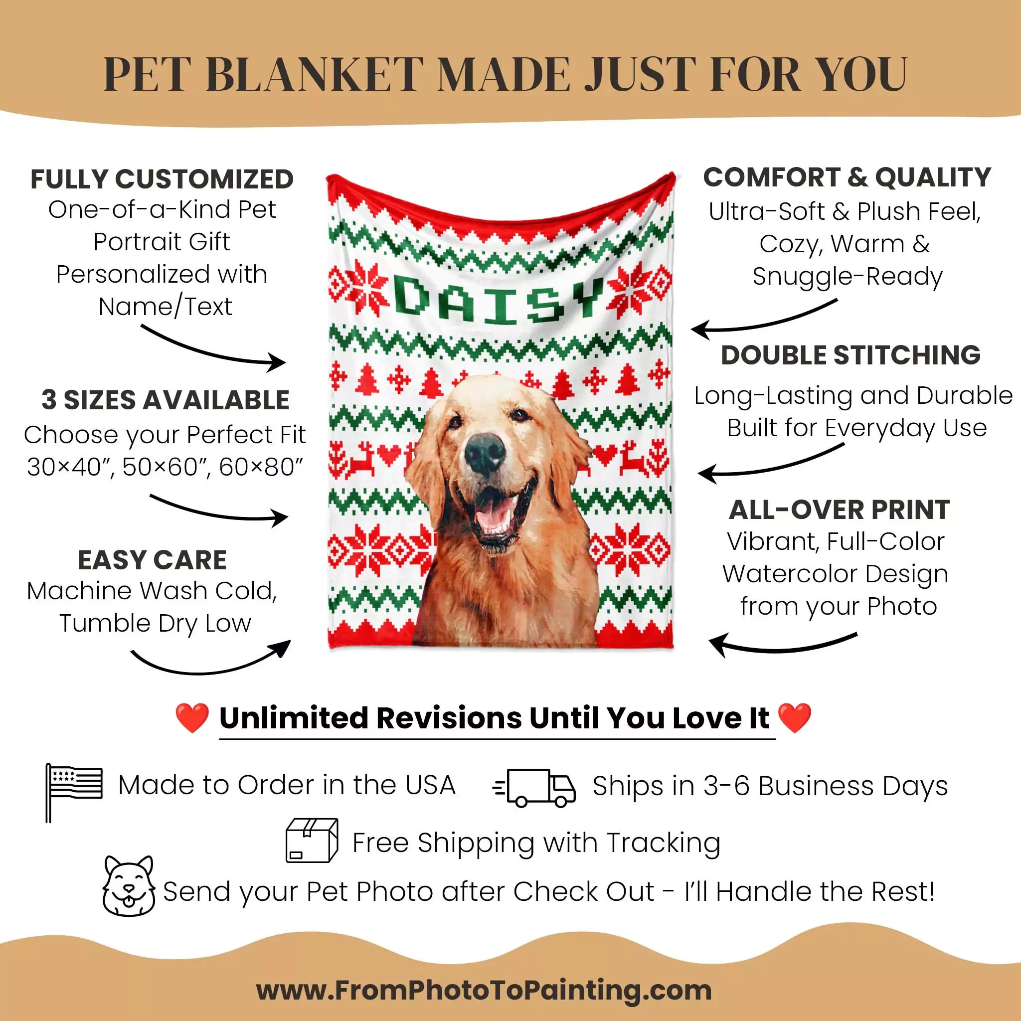 Pet blanket with a Golden Retriever dog's photo and customizable text on a beige background
