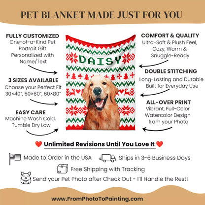 Ugly Sweater Christmas Custom Made Photo Blanket for Golden Retriever Dog - FromPhotoToPainting