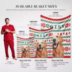 Dog blanket with 'DAISY' branding and size chart, featuring a man and dogs.