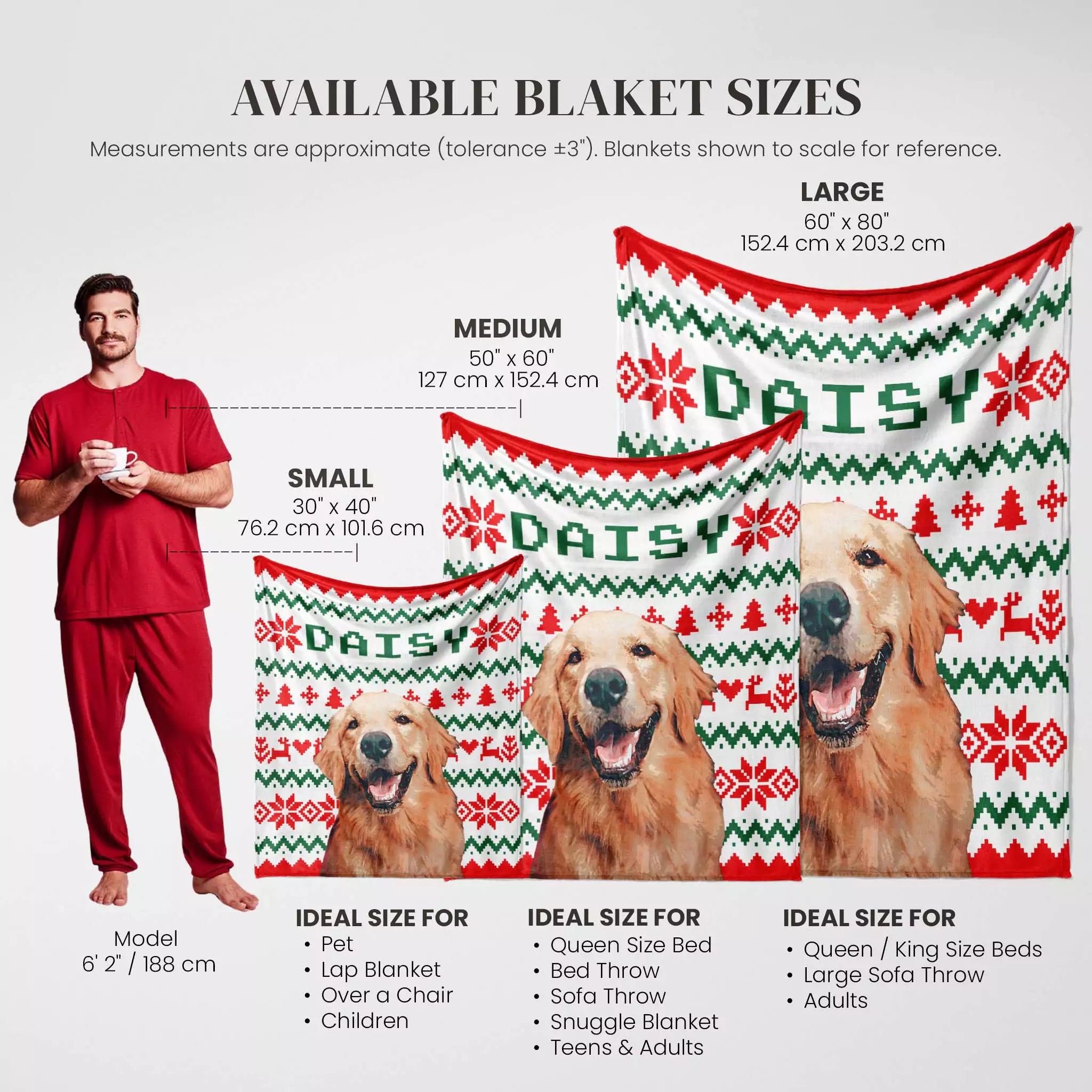 Dog blanket with 'DAISY' branding and size chart, featuring a man and dogs.