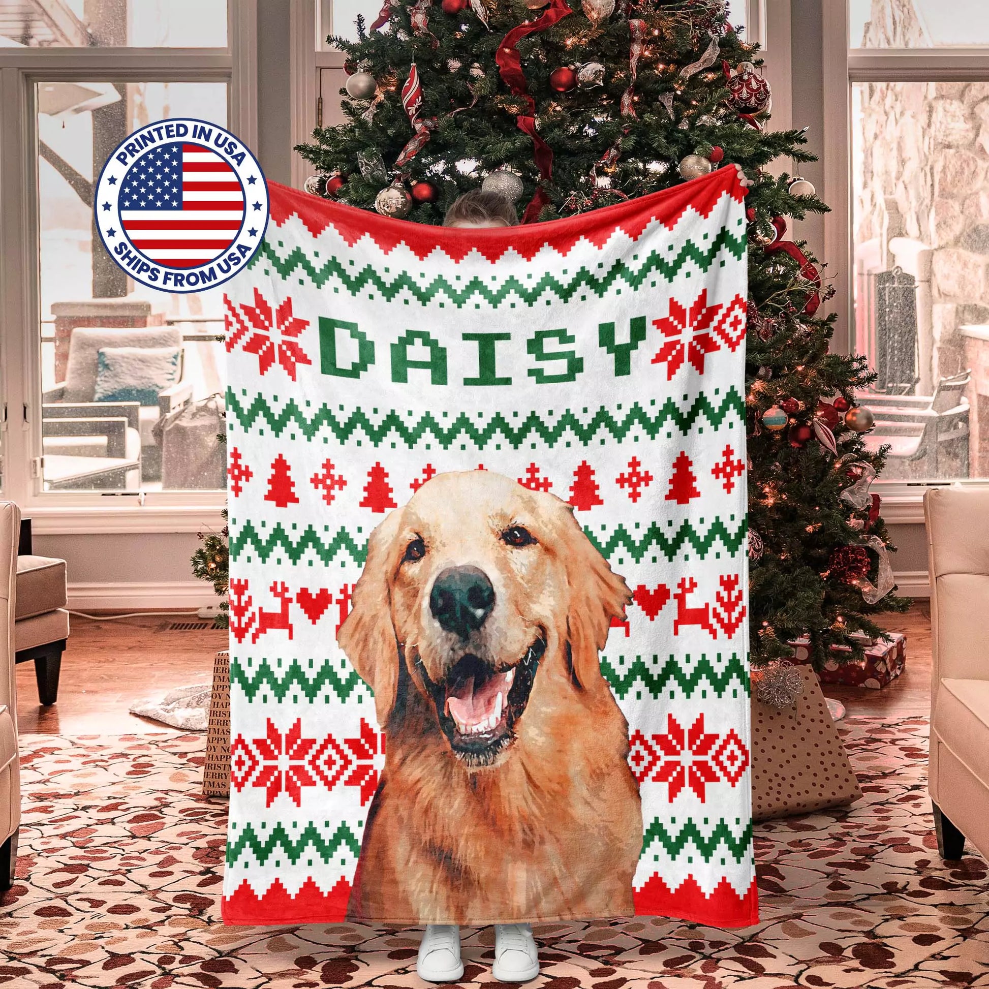 Ugly Sweater Christmas Custom Made Photo Blanket for Golden Retriever Dog - FromPhotoToPainting