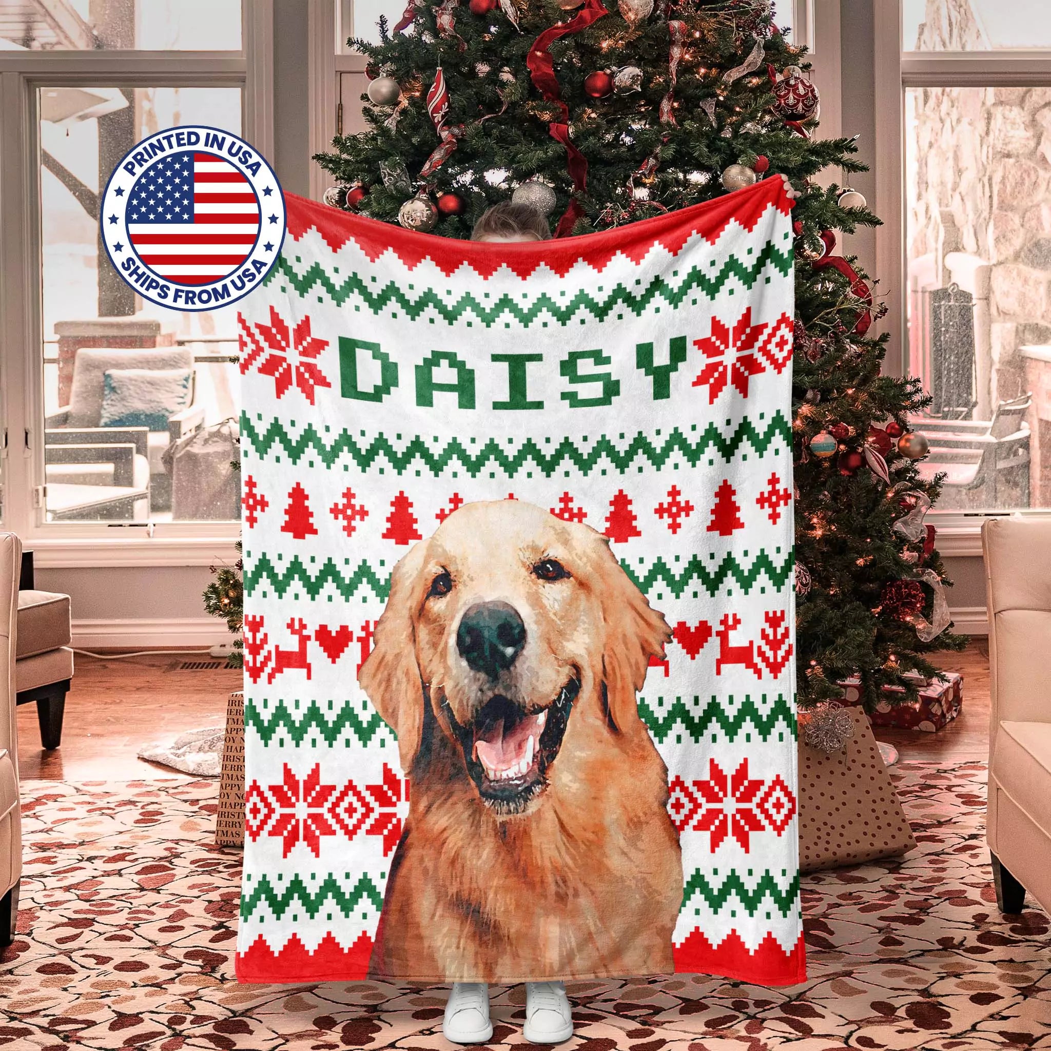 Decorative dog blanket with a dog's face and 'DAISY' text, Christmas tree in the background