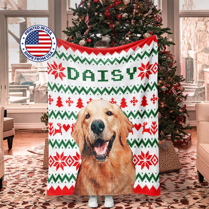 Ugly Sweater Christmas Custom Made Photo Blanket for Golden Retriever Dog - FromPhotoToPainting