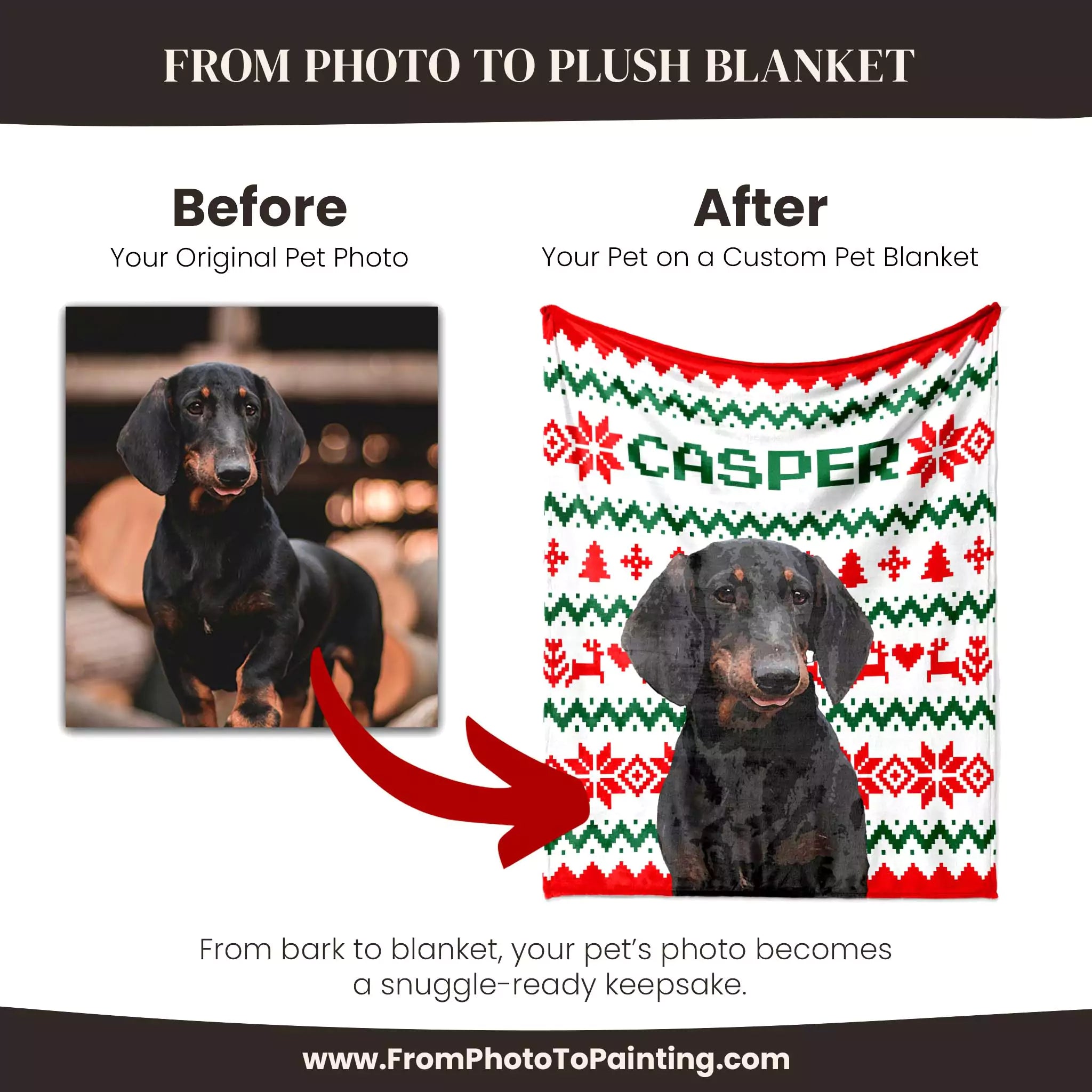Before and after comparison of a Dachshund dog photo on a custom pet blanket with 'Casper' branding.