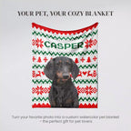 Dachshund dog on a 'Casper' branded blanket with ugly sweater Christmas pattern