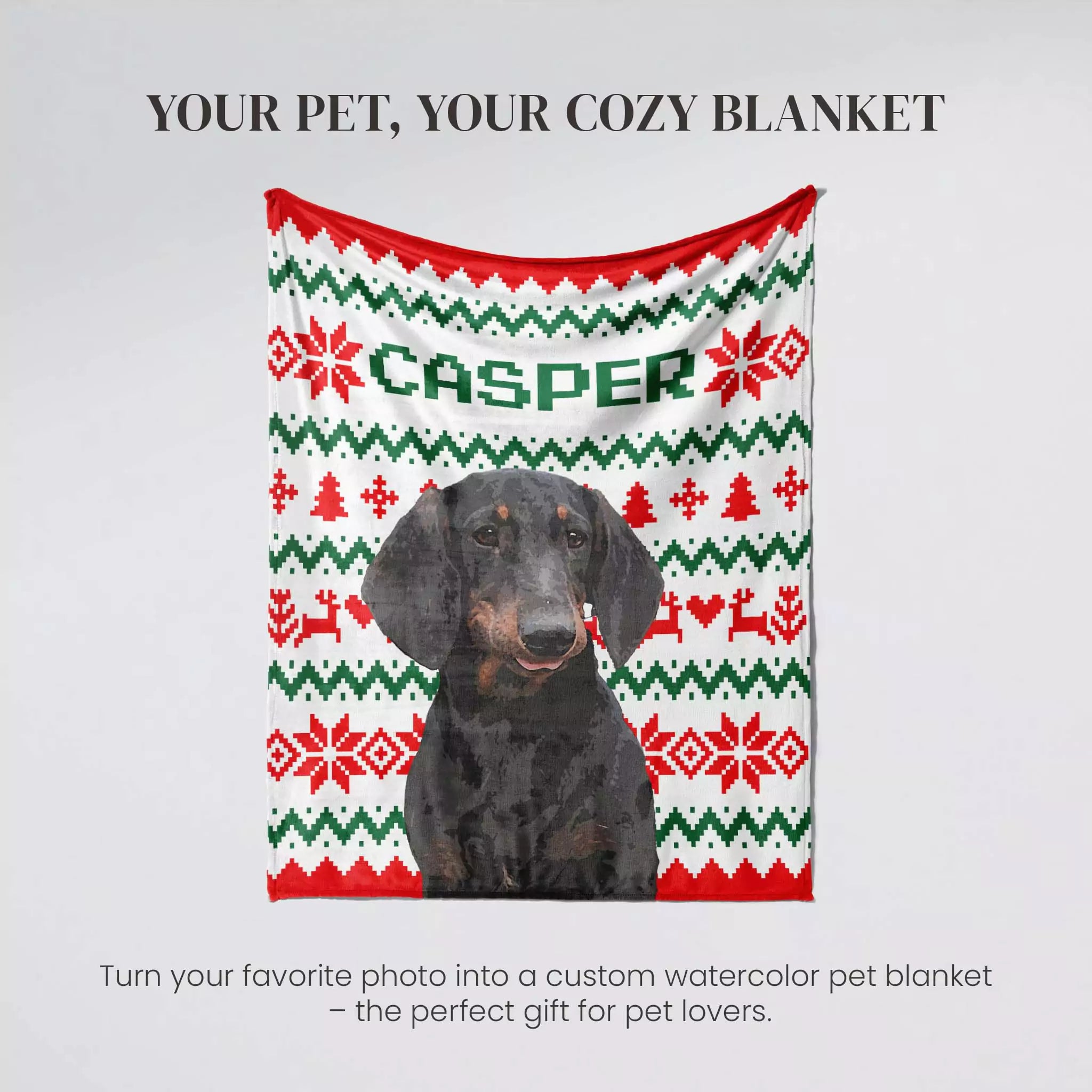 Dachshund dog on a 'Casper' branded blanket with ugly sweater Christmas pattern