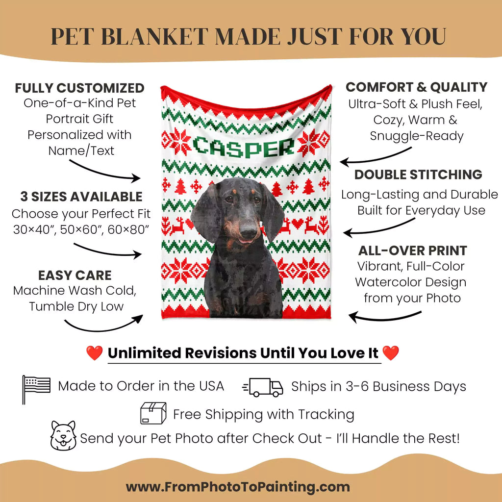 Pet blanket with personalized design featuring a dog, labeled 'Casper', on a beige background with text detailing product features.