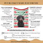 Pet blanket with personalized design featuring a dog, labeled 'Casper', on a beige background with text detailing product features.