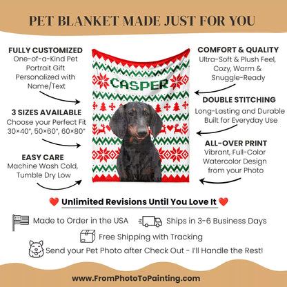 Ugly Sweater Christmas Custom Made Photo Dog Blanket for Dachshund - FromPhotoToPainting