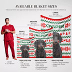 Casper Dachshund dog blanket sizes chart with a man and dogs for scale on a white background
