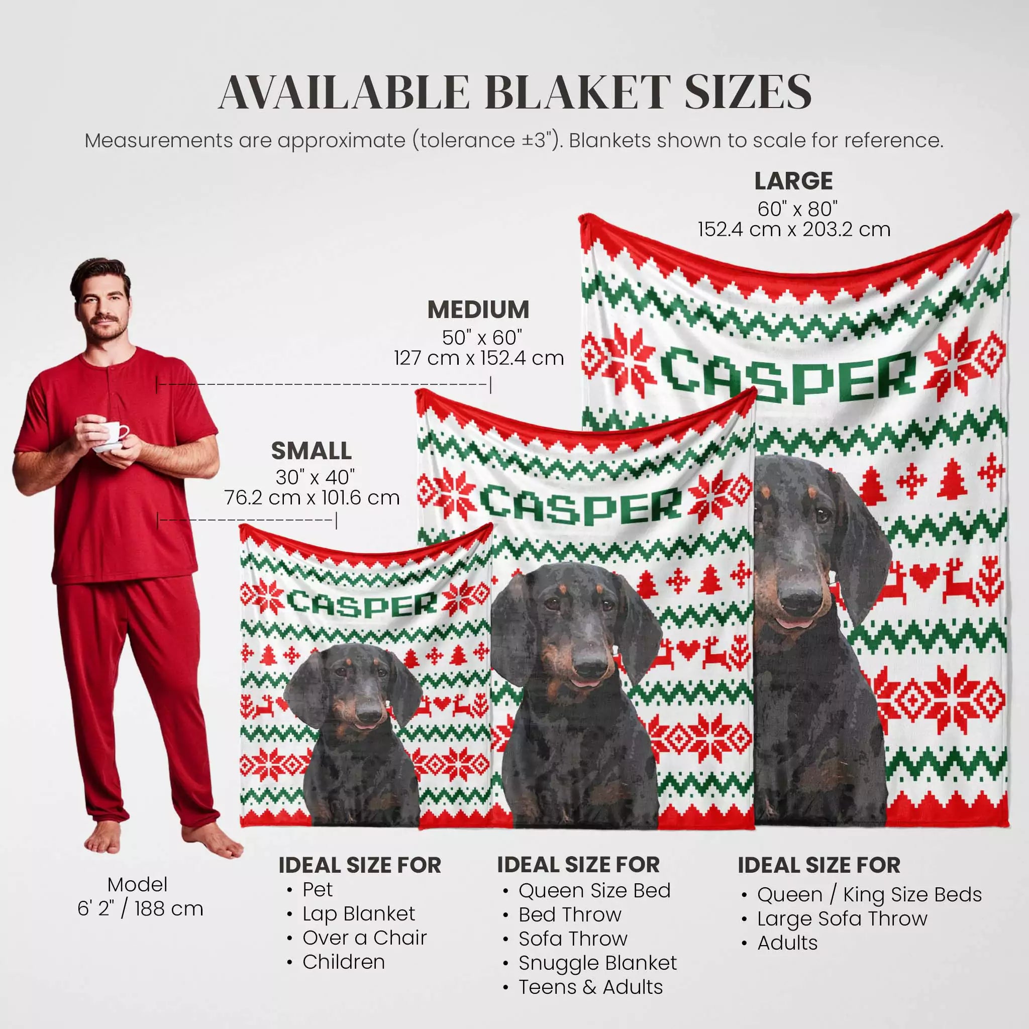 Casper Dachshund dog blanket sizes chart with a man and dogs for scale on a white background