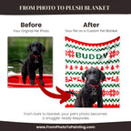 Before and after comparison of a black Retriever dog photo on a custom pet blanket with 'Buddy' printed on it.