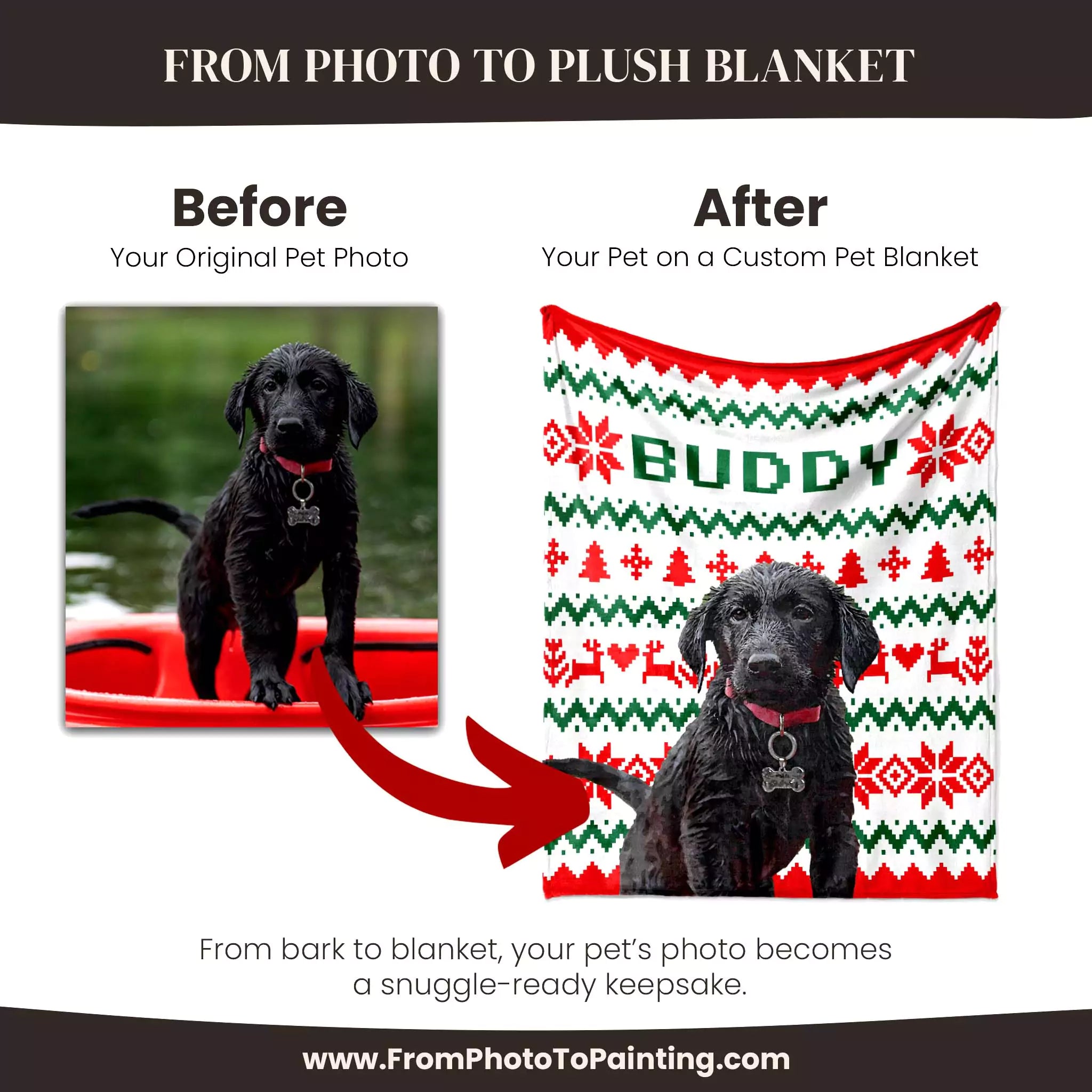 Before and after comparison of a black Retriever dog photo on a custom pet blanket with 'Buddy' printed on it.