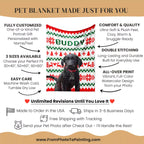 Dog blanket with personalized design featuring a dog, displayed with promotional text about customization and features.