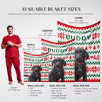Black Retriever dog blankets in various sizes with a person and dogs for scale on a white background.
