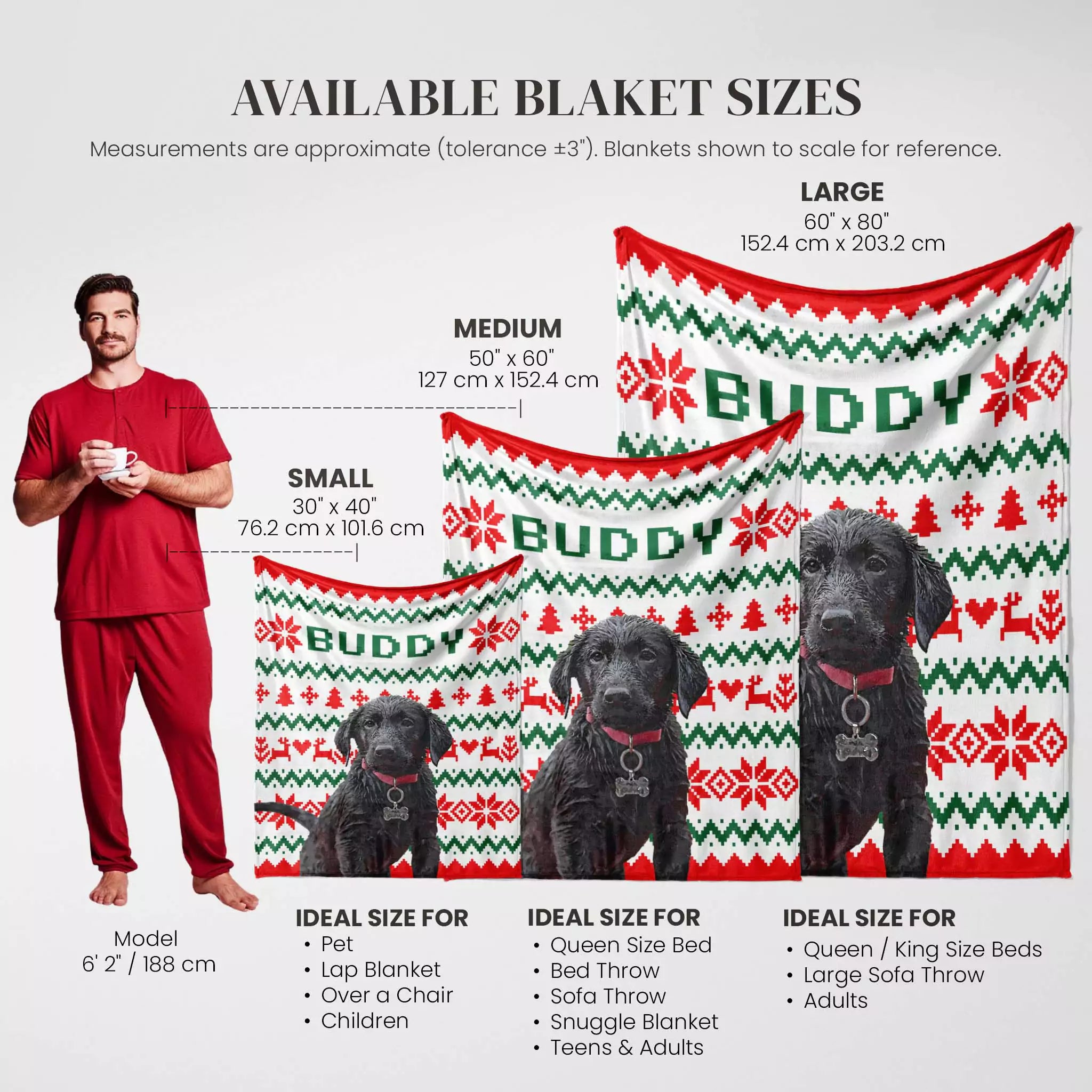 Black Retriever dog blankets in various sizes with a person and dogs for scale on a white background.